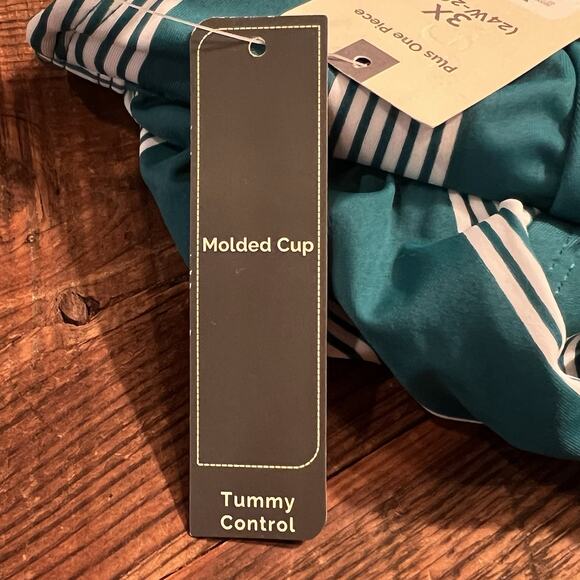 New One Piece Bathing Suit Size 3X Terra & Sky Teal Green Stripe Tummy Control - Picture 5 of 13